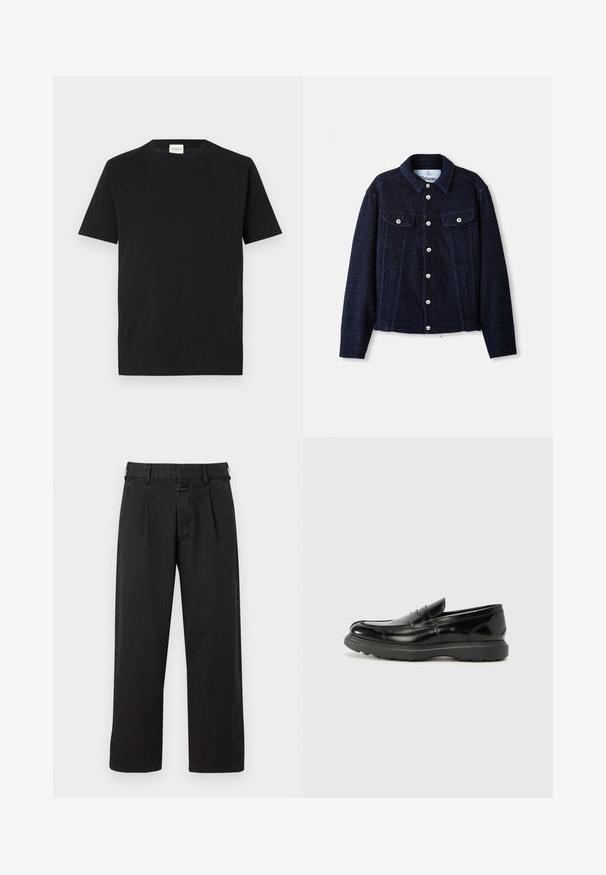 Giacca navy realizzata in tessuto testurizzato, con colletto, maniche lunghe, due tasche sul petto e chiusure a bottoni in argento lungo la parte frontale.; Maglietta nera in cotone con scollatura rotonda e maniche corte. Presenta una vestibilità dritta e un design minimale, con un'etichetta visibile al colletto.; Pantaloni neri in cotone con taglio dritto, dotati di una parte anteriore plissettata, passanti per cintura e chiusura con bottone. Texture liscia senza motivi.; Mocassino in pelle nera con finitura lucida, punta arrotondata, dettagli di cucitura sottili e suola in gomma spessa per una maggiore durata.