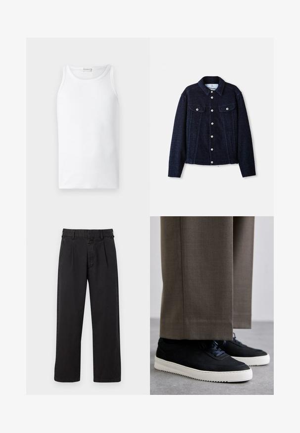 Námořnická bunda z texturované tkaniny, s límcem, dlouhými rukávy, dvěma náprsními kapsami a zapínáním na stříbrné knoflíky vpředu.; Bílý tílko vyrobené z žebrované bavlněné látky, s kulatým výstřihem a bezrukávovým designem, hladká textura a žádné viditelné vzory.; Černé bavlněné kalhoty rovného střihu, s plisovaným předním dílem, poutky na opasek a zapínáním na knoflík. Hladká textura bez vzorů.; Černé semišové tenisky s bílými gumovými podrážkami, s kulatou špičkou a tkaničkami, obuté s šedými úzkými kalhotami.