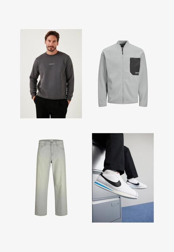 Gaišā pelēkā fleece jaka ar augstu apkakli, pilnu rāvējslēdzēju un melnu teksturētu kabatu kreisajā krūtīs, kurā ir logotips.; Pelēks džemperis, izgatavots no mīksta materiāla, ar apaļu kakla izgriezumu un izšūtu logo uz krūtīm. Garas piedurknes un brīva piegriezuma dizains.; Gai pelēki taisna piegriezuma džinsi ar klasisko piecu kabatu dizainu, pogu aizdari un jostas cilpiņām. Izgatavoti no denima auduma ar gludu tekstūru.; Baltas ādas sporta apavi ar melnu Nike zīmi, gaiši zilu un pelēku gumijas zoli un klasisku auklu dizainu. Kājām atpūšoties uz dokumentu skapja.