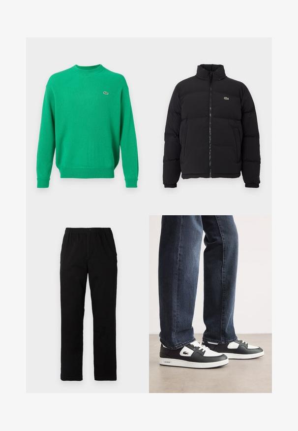 Black puffer jacket with a high collar, front zipper, and a small green logo. Features quilted sections and elasticized cuffs.; Lacoste Jumper - calathea; Black pants made of cotton blend fabric, featuring a straight cut, elastic waistband with button, and no visible patterns or accents.; Black and white Lacoste sneakers with a textured leather upper, featuring a lace-up design and a white rubber outsole. Worn with dark jeans.