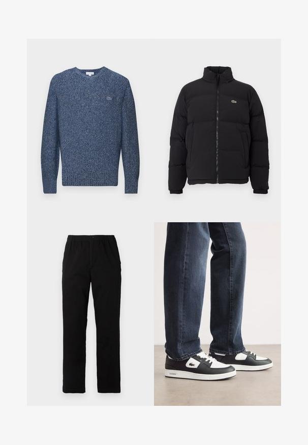 Mustapuffatakki korkealla kauluksella, edessä vetoketju ja pieni vihreä logo. Sisältää tikattuja osia ja joustavat hihansuut.; Lacoste Neule - navy neps; Mustat housut, jotka on valmistettu puuvilla-sekoitekankaasta, suoran mallin, joustavan vyötärönauhan ja napin kanssa, ilman näkyviä kuvioita tai yksityiskohtia.; Mustat ja valkoiset Lacoste-tennarit, joissa on teksturoitu nahkapinta, nauhakiinnitys ja valkoinen kumipohja. Yhdistetty tummiin farkkuihin.