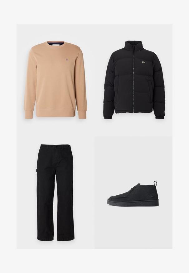 Black puffer jacket with a high collar, front zipper, and a small green logo. Features quilted sections and elasticized cuffs.; GANT SHIELD C NECK - Sweatshirt - warm khaki; Black cotton cargo pants with a straight leg design, featuring side pockets and a front button closure. Durable fabric with a smooth texture.; Black suede lace-up ankle boot with pull tab and textured sole, featuring small embossed crocodile logo on the side.