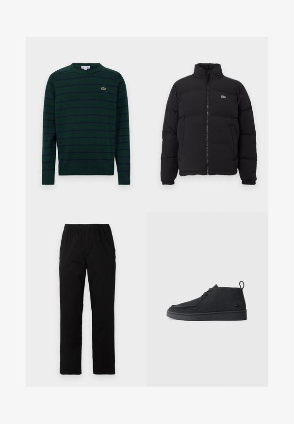 Jachetă pufă neagră cu guler înalt, fermoar frontal și un mic logo verde. Prezintă secțiuni quilted și mânși elasticizate.; Pulover lung cu mâneci, de culoare verde închis, cu dungi orizontale bleumarin și un mic logo brodat cu crocodil pe pieptul stâng.; Pantaloni negri dintr-un material textil amestecat de bumbac, cu croială dreaptă, talie elastică cu nasture și fără modele sau accente vizibile.; Cizme de gleznă din suede negru, cu șireturi, având un tab de prindere și o talpă texturată, prezentând un mic logo de crocodil embossat pe lateral.