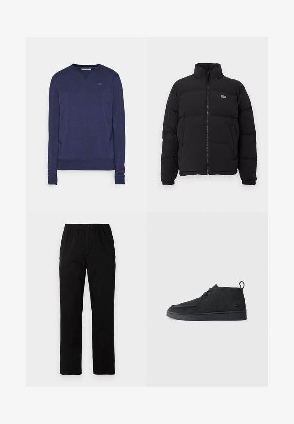 Crni zimski kaput s visokim ovratnikom, prednjim zatvaračem i malim zelenim logotipom. Sadrži kvadrate sa stupovima i elastične manžete.; Mornaricni pamucni dukserica s okruglim izrezom, rebrastim manžetima i rubom, s malim plavim "CK" logotipom na prsima. Glatka tekstura.; Crne hlače od pamuka s dodatkom, ravnog kroja, s elastičnim pojasom i dugmetom, bez vidljivih uzoraka ili ukrasa.; Crne antilop čizme do gležnja sa vezicama, kopčom za povlačenje i teksturiranom potplatom, s malim utisnutim logom krokodila sa strane.