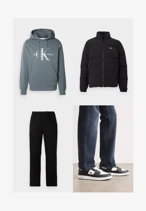 Svart pufferjacka med hög krage, framdragkedja och en liten grön logotyp. Har quiltade sektioner och elastiska ärmslut.; Grå huva tröja med framficka och snörning, med en vit "Calvin Klein Jeans" logotyp i en minimalistisk design.; Svarta byxor i en blandning av bomull, med rak passform, elastisk midja med knapp och utan synliga mönster eller accenter.; Svarta och vita Lacoste-sneakers med en texturerad läderövre, med snörningsdesign och en vit gummisula. Bärs med mörka jeans.