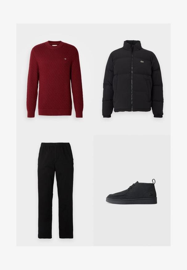 Black puffer jacket with a high collar, front zipper, and a small green logo. Features quilted sections and elasticized cuffs.; Burgundy knit sweater with diamond pattern, crew neckline, long sleeves, and ribbed cuffs. Small logo detail on front. Soft texture.; Black pants made of cotton blend fabric, featuring a straight cut, elastic waistband with button, and no visible patterns or accents.; Black suede lace-up ankle boot with pull tab and textured sole, featuring small embossed crocodile logo on the side.