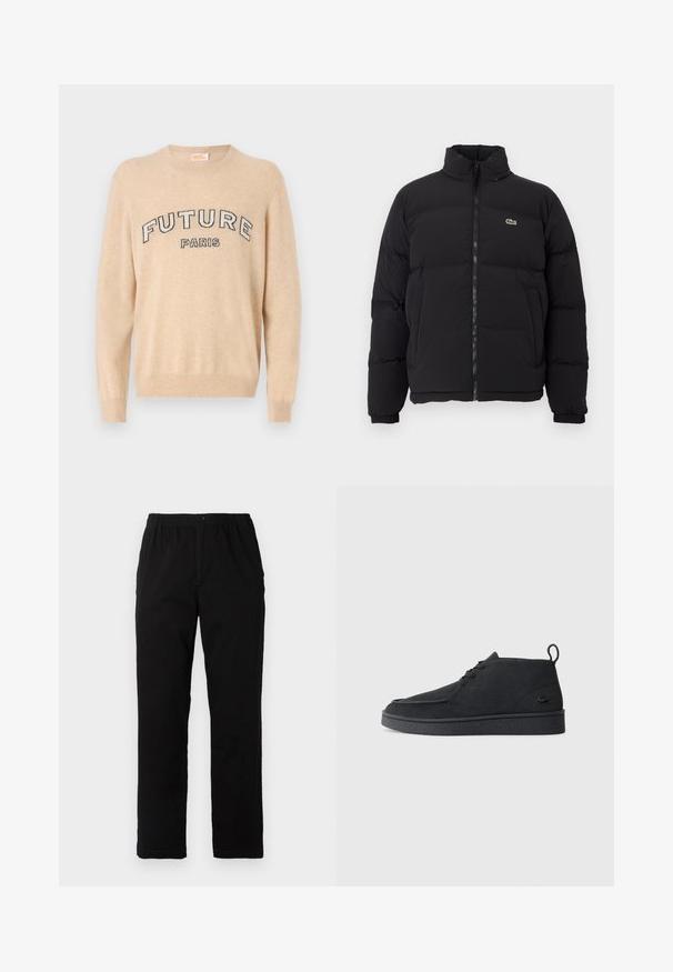 Mustapuffatakki korkealla kauluksella, edessä vetoketju ja pieni vihreä logo. Sisältää tikattuja osia ja joustavat hihansuut.; Beige villapaita, joka on valmistettu pehmeästä materiaalista. Paitassa on pyöreä pääntie, pitkät hihat ja rinnassa tummalla tekstillä "FUTURE PARIS".; Mustat housut, jotka on valmistettu puuvilla-sekoitekankaasta, suoran mallin, joustavan vyötärönauhan ja napin kanssa, ilman näkyviä kuvioita tai yksityiskohtia.; Mustat mokka nauhalla suljettavat nilkkasaappaat, joissa on vetotappi ja teksturoitu pohja, sekä pieni kohokuvioitu krokotiililogo sivulla.