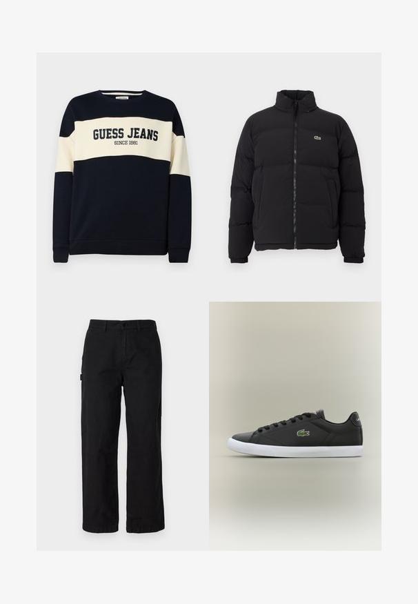 Must küll puffer-jope kõrge kraega, esine tõmblukk ning väike roheline logo. Omab tikitud osi ja elastseid mansette.; Tumesinine sviiter beeži horisontaalse triibuga, millel on "GUESS JEANS" tekst ja detail "SINCE 1981". Valmistatud pehmest puuvillast materjalist.; Mustadest puuvillast cargo pükstest sirge jala disainiga, küljetaskud ja esine nööbi sulgemine. Vastupidav kangas, mis on sileda tekstuuriga.; Mustad mustad nahast tennisetossud valge kummist tallaga, millel on roheline krokodillilogo ja ümmargused paelad, stiilne disain sujuva tekstuuriga.