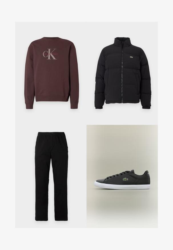 Černá péřová bunda s vysokým límcem, předním zipem a malým zeleným logem. Obsahuje prošívané části a elastické manžety.; Hnědá mikina s kulatým výstřihem. Na zádech logo "Calvin Klein" v šedé a bordó barvě. Měkká látka s žebrovanými manžetami a lemem.; Černé kalhoty vyrobené z bavlněné směsi, s rovný střih, elastickým pasem s knoflíkem a bez viditelných vzorů či akcentů.; Černé kožené tenisky s bílou gumovou podrážkou, se zeleným logem krokodýla a kulatými tkaničkami, elegantní design s hladkým povrchem.