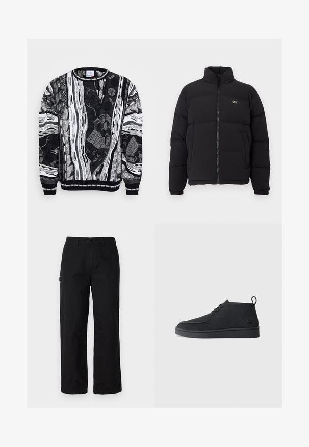 Juodas pūkinis švarkas su aukštu apykakle, priekiniais užtrauktuku ir maža žalia emblema. Yra siūtos dalys ir elastingi rankogaliai.; Juodas ir baltas megztinis su sudėtingais raštais, vaizduojančiais miesto peizažus ir abstrakčius dizainus. Megzto audinio tekstūra su raukšlėmis ant rankovių ir apykaklės.; Juodos medvilnės cargo kelnės su tiesiomis kojomis, turinčios šonines kišenes ir priekinį mygtuko užsegimą. Patvari medžiaga su lygiu tekstūru.; Juodas zomšinės odo aulinukas su raišteliais, turintis traukimą ir tekstūruotą pado dalį, su mažuoju įspaustu krokodilo logotipu šone.