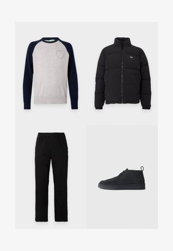 Black puffer jacket with a high collar, front zipper, and a small green logo. Features quilted sections and elasticized cuffs.; Light gray knit sweater with navy blue raglan sleeves, round neckline, and a small embroidered heart on the left chest. Cotton blend material.; Black pants made of cotton blend fabric, featuring a straight cut, elastic waistband with button, and no visible patterns or accents.; Black suede lace-up ankle boot with pull tab and textured sole, featuring small embossed crocodile logo on the side.