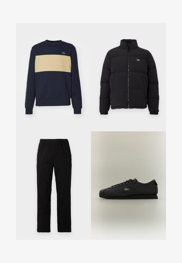 Casaco puffer preto com gola alta, fecho na frente e um pequeno logótipo verde. Apresenta secções acolchoadas e punhos elásticos.; Sweatshirt azul-marinho com uma faixa horizontal bege. Apresenta um decote redondo, punhos canelados e um pequeno logo no peito. Textura de tecido suave.; Calças pretas feitas de um tecido de algodão misto, com corte reto, cintura elástica com botão e sem padrões ou detalhes visíveis.; Sapatilha preta de cano baixo com atacadores na frente, sola texturizada e logotipo dourado de crocodilo na lateral.