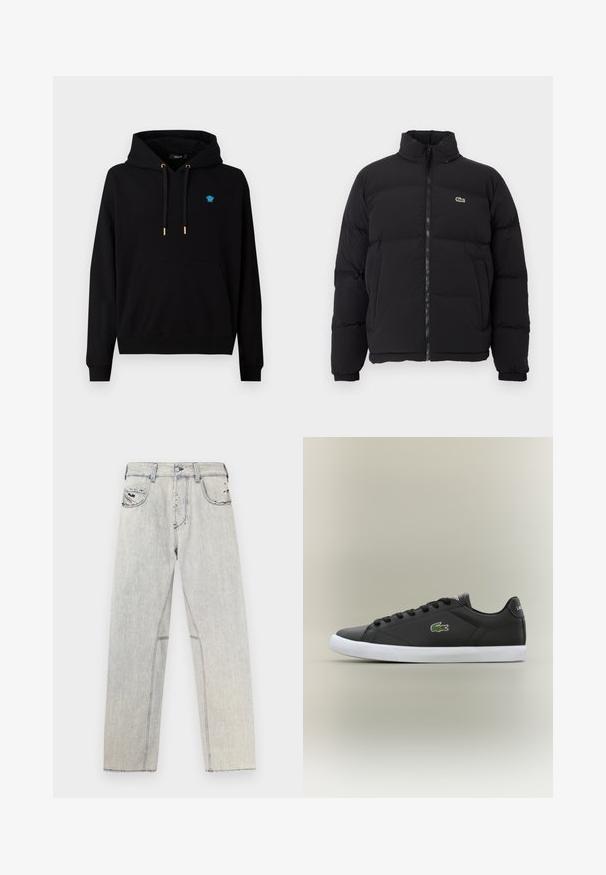 Juodas pūkinis švarkas su aukštu apykakle, priekiniais užtrauktuku ir maža žalia emblema. Yra siūtos dalys ir elastingi rankogaliai.; Juodas megztinis, pagamintas iš medvilnės mišinio, turi priekinę kišenę-kangūrą, raištelius su auksiniais antgaliais ir mažą mėlyną logotipą ant krūtinės.; Šviesiai mėlyni džinsai iš džiuto su tiesiu pjūviu, kontrastingomis siūlėmis, dviem priekinėmis kišenėmis ir įplyšimais audinyje.; Juodos odinės sportbačiai su baltais guminiais padais, turintys žalią krokodilo logotipą ir apvalias raišteles, elegantiškas dizainas su lygia tekstūra.