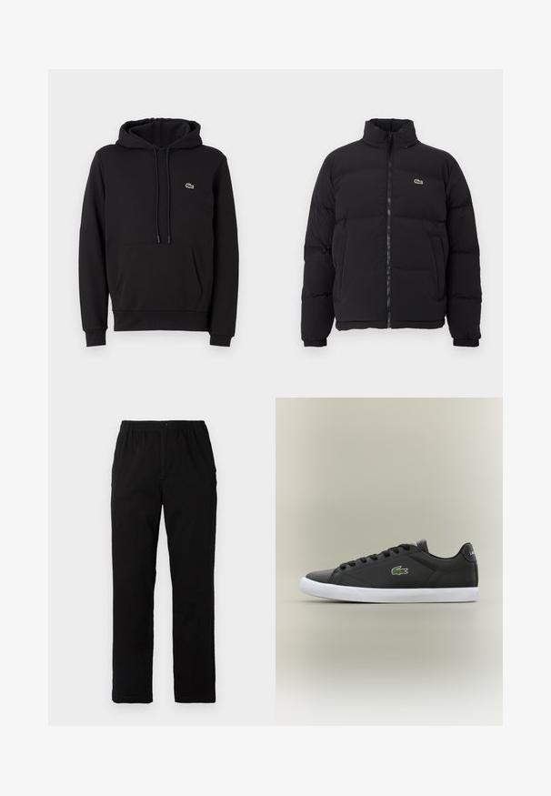 Giacca piumino nera con colletto alto, zip frontale e un piccolo logo verde. Presenta sezioni trapuntate e polsini elasticizzati.; Felpa nera in cotone con tasca a marsupio frontale, cappuccio regolabile con coulisse, polsini a costine e un piccolo logo verde ricamato.; Pantaloni neri realizzati in un tessuto misto cotone, caratterizzati da un taglio dritto, vita elastica con bottone e senza motivi o dettagli visibili.; Sneaker nere in pelle con suola in gomma bianca, dotate di logo verde a forma di coccodrillo e lacci rotondi, design elegante con texture liscia.