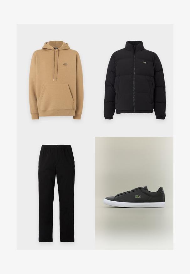 Mustapuffatakki korkealla kauluksella, edessä vetoketju ja pieni vihreä logo. Sisältää tikattuja osia ja joustavat hihansuut.; Vaaleanruskea puuvillainen huppari, jossa on etutasku, ribattu hihansuu ja pieni logo rinnassa. Sisältää kiristettävän hupun ja pehmeän pinnan.; Mustat housut, jotka on valmistettu puuvilla-sekoitekankaasta, suoran mallin, joustavan vyötärönauhan ja napin kanssa, ilman näkyviä kuvioita tai yksityiskohtia.; Mustat nahkakengät valkoisella kumipohjalla, jossa on vihreä krokotiililogo ja pyöreät nauhat, sulavalinjainen muotoilu sileällä pinnalla.