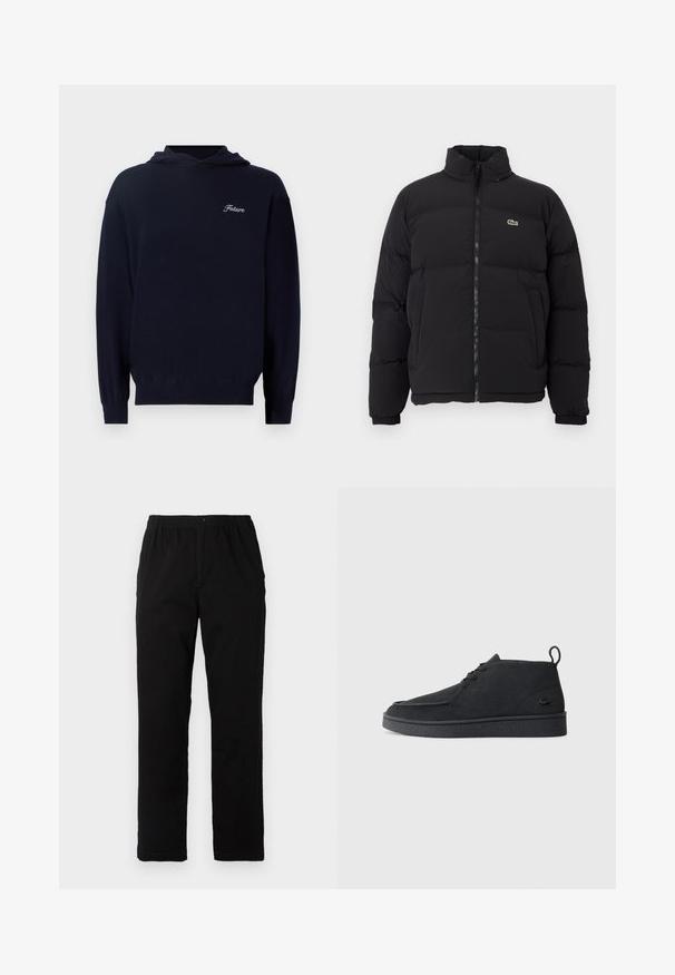 Zwarte pufferjack met een hoge kraag, voorrits en een klein groen logo. Bevat doorgestikte secties en elastische manchetten.; Marineblauwe hoodie van zacht materiaal, met een voorzak, ribgebreide manchetten en een kleine witte borduursel van "Future" op de borst.; Zwarte broek van een katoenmix, met een rechte snit, een elastische tailleband met knoop en zonder zichtbare patronen of accenten.; Zwarte suède veterschoenen tot de enkel met een trekband en een gestructureerde zool, met een klein reliëf krokodillenlogo aan de zijkant.