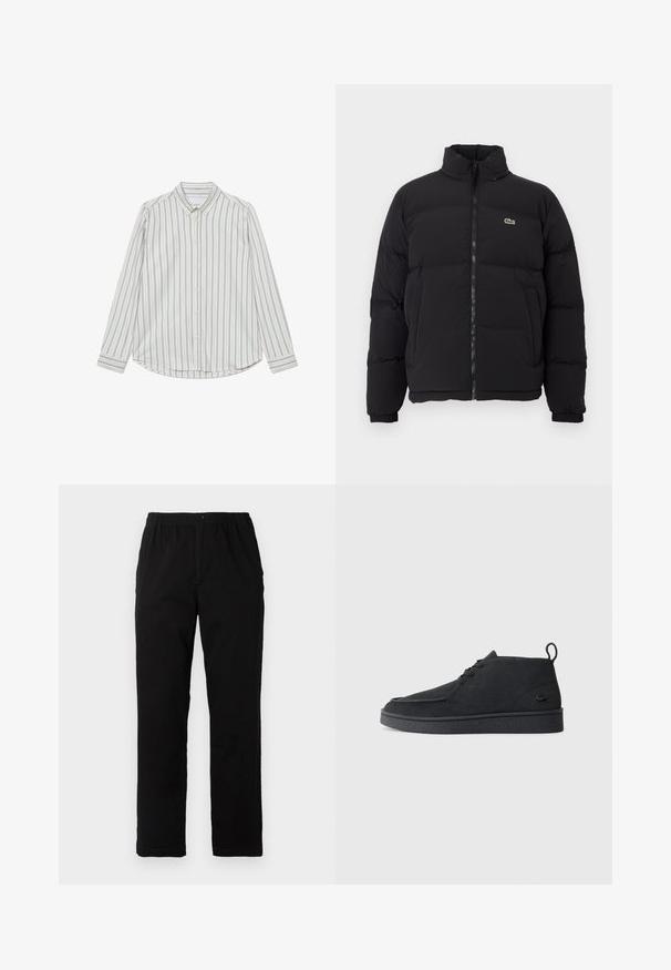 Giacca piumino nera con colletto alto, zip frontale e un piccolo logo verde. Presenta sezioni trapuntate e polsini elasticizzati.; Camicia in cotone con bottoni, maniche lunghe, caratterizzata da righe verticali blu e crema, colletto a punta e orlo arrotondato. Include bottoni frontali.; Pantaloni neri realizzati in un tessuto misto cotone, caratterizzati da un taglio dritto, vita elastica con bottone e senza motivi o dettagli visibili.; Stivale alla caviglia in suede nero con lacci, dotato di una linguetta per il tiraggio e suola testurizzata, caratterizzato da un piccolo logo a forma di coccodrillo embossato sul lato.