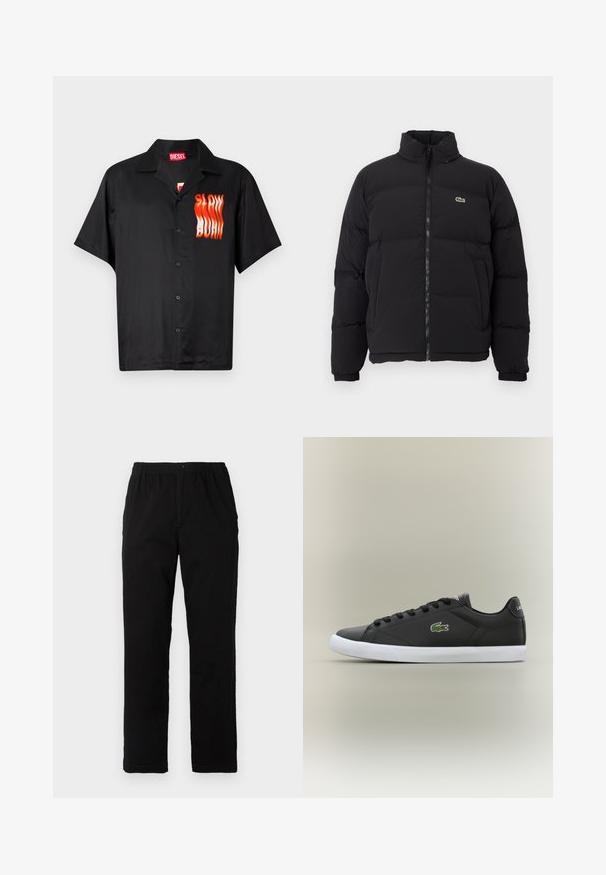 Giacca piumino nera con colletto alto, zip frontale e un piccolo logo verde. Presenta sezioni trapuntate e polsini elasticizzati.; Camicia nera a maniche corte realizzata in tessuto liscio, con una grafica rossa e arancione "SLOW BURN" sul lato sinistro e un design classico del colletto.; Pantaloni neri realizzati in un tessuto misto cotone, caratterizzati da un taglio dritto, vita elastica con bottone e senza motivi o dettagli visibili.; Sneaker nere in pelle con suola in gomma bianca, dotate di logo verde a forma di coccodrillo e lacci rotondi, design elegante con texture liscia.