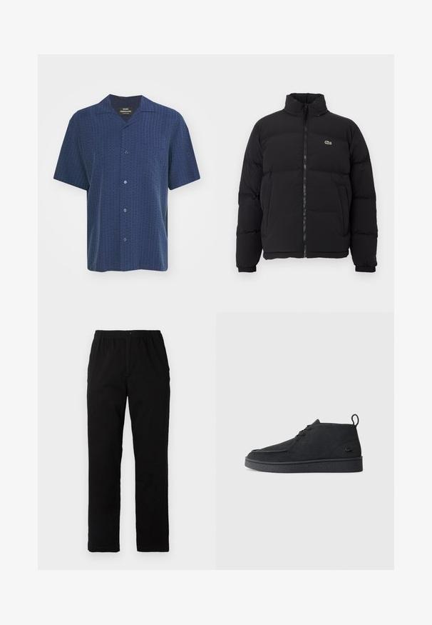 Giacca piumino nera con colletto alto, zip frontale e un piccolo logo verde. Presenta sezioni trapuntate e polsini elasticizzati.; Camicia a maniche corte di un blu navy scuro con motivo testurizzato, chiusura con bottoni e colletto alla canadese. Presenta una tasca sul petto e un tessuto liscio.; Pantaloni neri realizzati in un tessuto misto cotone, caratterizzati da un taglio dritto, vita elastica con bottone e senza motivi o dettagli visibili.; Stivale alla caviglia in suede nero con lacci, dotato di una linguetta per il tiraggio e suola testurizzata, caratterizzato da un piccolo logo a forma di coccodrillo embossato sul lato.