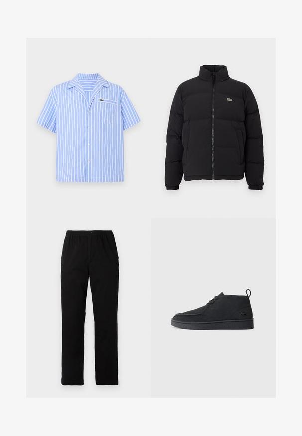 Melnā pūkainā jaka ar augstu apkakli, priekšējo rāvējslēdzēju un mazu zaļu logotipu. Iezīmējas ar kviltētām sekcijām un elastīgām aprocēm.; Gaiši zils īsām piedurknēm krekls ar pogām, baltām vertikālām svītrām un priekšējo kabatu, kurā ir mazs izšūts krokodila logo.; Melnas bikses no kokvilnas maisījuma auduma, ar taisnu griezumu, elastīgu jostasvietu ar pogu un bez redzamām rakstu vai akcentiem.; Melna zamša kurpīte ar auklēm līdz potītei, ar ievelkamu cilpu un struktūru zoli, kurai sānos ir neliels, reljefs krokodila logo.