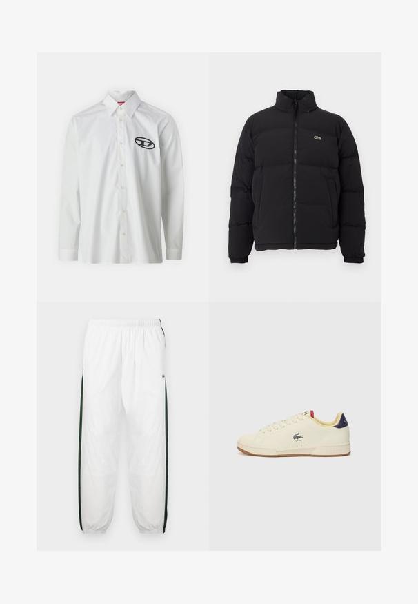 Sort puffer-jakke med høj krave, frontlynlås og et lille grønt logo. Har quiltede sektioner og elastiske manchetter.; Hvid langærmet skjorte lavet af bomuld, med en button-down krave og et sort broderet logo på venstre brystområde.; Hvide træningsbukser med mørkegrønne sidelæg. Letvægtsmateriale, elastisk talje og manchetter ved benene. Har mesh-struktur på sidelæggene.; Lacoste sneakers i cremefarvet læder med en tekstureret overflade. Har en gummisål, snørebånd foran, marineblå hæl og broderet logo.