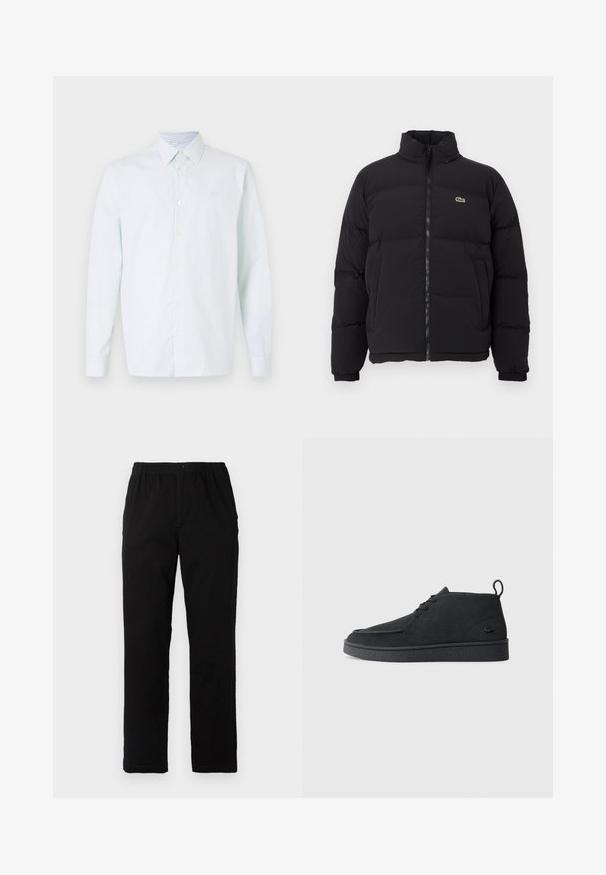 Giacca piumino nera con colletto alto, zip frontale e un piccolo logo verde. Presenta sezioni trapuntate e polsini elasticizzati.; Camicia a maniche lunghe a righe blu chiaro e bianche, con bottoni sul davanti, colletto a punta, tessuto morbido, dotata di un piccolo logo sul petto.; Pantaloni neri realizzati in un tessuto misto cotone, caratterizzati da un taglio dritto, vita elastica con bottone e senza motivi o dettagli visibili.; Stivale alla caviglia in suede nero con lacci, dotato di una linguetta per il tiraggio e suola testurizzata, caratterizzato da un piccolo logo a forma di coccodrillo embossato sul lato.