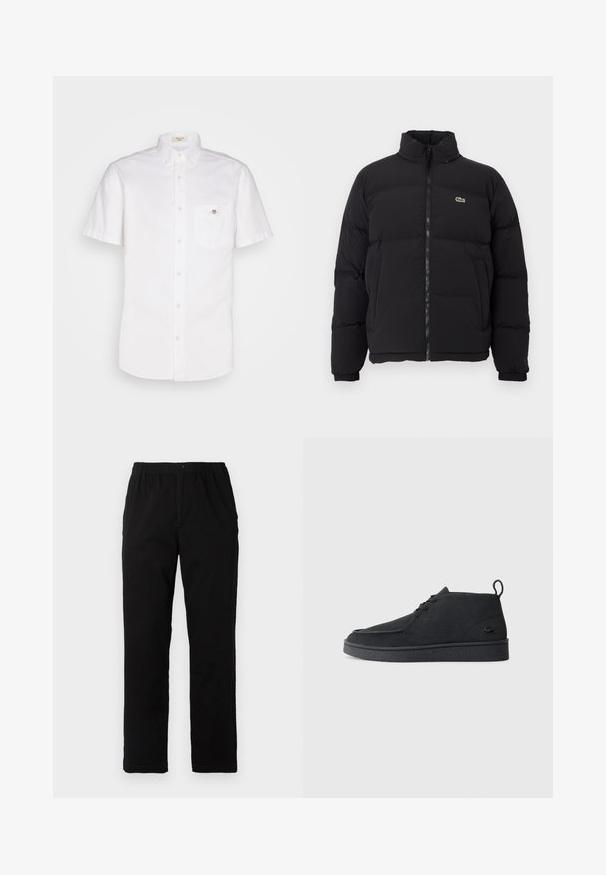 Črna napihljiva jakna z visokim ovratnikom, sprednjim zadrgo in majhnim zelenim logotipom. Ima prešite dele in elastične manšete.; Bela kratka srajca s kratkimi rokavi iz bombaža, z žepom na prsih in majhno logotipom na žepu. Teksturen, čist dizajn.; Črne hlače iz mešanice bombaža, s ravnim krojem, elastičnim pasom z gumbom in brez vidnih vzorcev ali akcentov.; Črni nubuk gležnjarji z vezalkami in zanko za poteg, z teksturiranim podplatom ter majhnim embosiranim krokodilovim logotipom na strani.
