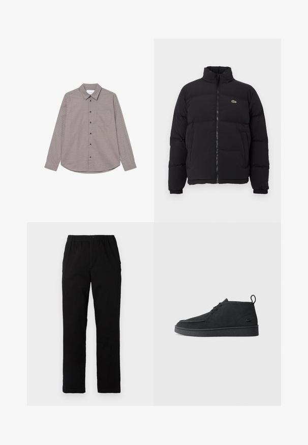 Melnā pūkainā jaka ar augstu apkakli, priekšējo rāvējslēdzēju un mazu zaļu logotipu. Iezīmējas ar kviltētām sekcijām un elastīgām aprocēm.; Brūns un bēšs krekls ar garām piedurknēm un šaha rakstu. Iekļauj apkakli, krūšu kabatu un melnus pogas gar fronti.; Melnas bikses no kokvilnas maisījuma auduma, ar taisnu griezumu, elastīgu jostasvietu ar pogu un bez redzamām rakstu vai akcentiem.; Melna zamša kurpīte ar auklēm līdz potītei, ar ievelkamu cilpu un struktūru zoli, kurai sānos ir neliels, reljefs krokodila logo.