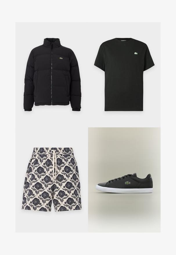Melnā pūkainā jaka ar augstu apkakli, priekšējo rāvējslēdzēju un mazu zaļu logotipu. Iezīmējas ar kviltētām sekcijām un elastīgām aprocēm.; Melna kokvilnas T-krekls ar apaļu apkakli, īsām piedurknēm un zaļu izšūtu logo kreisajā krūtīs. Gluda tekstūra, brīvs piegriezums.; Krēmkrāsas šorti ar tumši zilu ziedu rakstu, ar elastīgu jostu un auklu, izgatavoti no viegla auduma.; Melnas ādas sporta apavas ar baltu gumijas zoli, rotāts ar zaļu krokodila logotipu un apaļām šņorēm, elegants dizains ar gludu tekstūru.