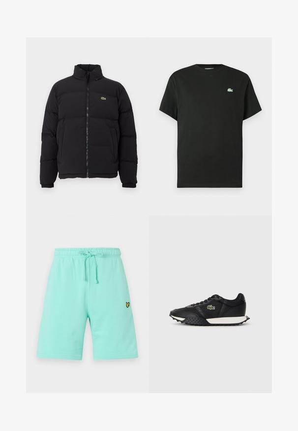Crni zimski kaput s visokim ovratnikom, prednjim zatvaračem i malim zelenim logotipom. Sadrži kvadrate sa stupovima i elastične manžete.; Crna pamučna majica s okruglim izrezom, kratkim rukavima i zeleno izvezenim logotipom na lijevoj strani prsa. Glatka tekstura, opuštenog kroja.; Svijetlo zeleni pamučni šortsevi s elastičnim pojasom i podesivom vrpcom, s malim crno-žutim logotipom sprijeda.; Crne tenisice s glatkom kožnom završnom obradom, s teksturiranom gumenom petom, bijelim međupodlogom i zelenim izvezenim logotipom sa strane.