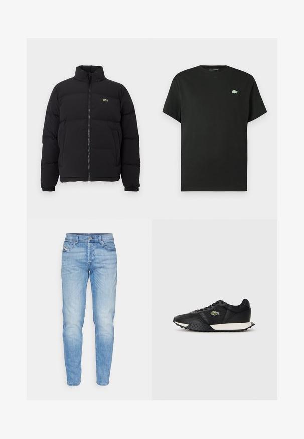 Must küll puffer-jope kõrge kraega, esine tõmblukk ning väike roheline logo. Omab tikitud osi ja elastseid mansette.; Mustast puuvillasest lühikeste varrukatega t-särk, ümara kaelusega ja vasakul rinnal rohelise tikandiga logoga. Sile tekstuur, lõõgastav lõige.; Heledad sinine teksapüksid sirge lõikega, klassikalise viie taskuga disainiga ja esiosas hõredate kulumismärkidega.; Mustad mustad spordijalatsid sileda nahkviimistlusega, tekstuurse kummitaldiga, valge vahevaibaga ja rohelise brodüüritud logoga küljele.