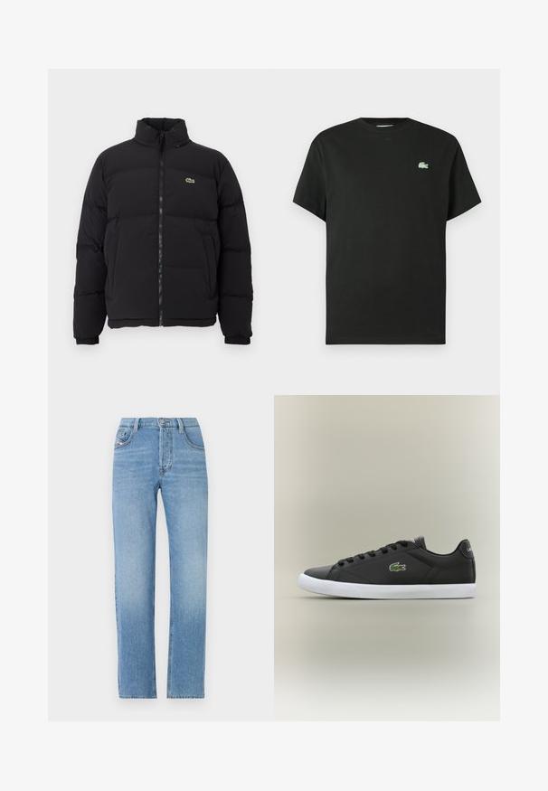 Melnā pūkainā jaka ar augstu apkakli, priekšējo rāvējslēdzēju un mazu zaļu logotipu. Iezīmējas ar kviltētām sekcijām un elastīgām aprocēm.; Melna kokvilnas T-krekls ar apaļu apkakli, īsām piedurknēm un zaļu izšūtu logo kreisajā krūtīs. Gluda tekstūra, brīvs piegriezums.; Gaiši zili džinsi ar taisnu kāju dizainu, pogu aizdari, piecu kabatu stilu un vieglu izbalēšanu. Klasiska džinsu siluets.; Melnas ādas sporta apavas ar baltu gumijas zoli, rotāts ar zaļu krokodila logotipu un apaļām šņorēm, elegants dizains ar gludu tekstūru.