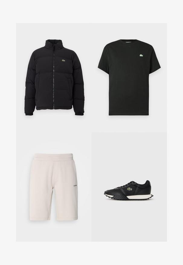 Casaco puffer preto com gola alta, fecho na frente e um pequeno logótipo verde. Apresenta secções acolchoadas e punhos elásticos.; T-shirt de algodão preta com decote redondo, mangas curtas e logótipo verde bordado no lado esquerdo do peito. Textura lisa, corte descontraído.; Calções de treino em bege claro feitos de uma mistura de algodão, com um cós elástico, bolsos laterais e um pequeno detalhe em logotipo preto numa das pernas.; Ténis pretos com acabamento em pele lisa, apresentando uma sola de borracha texturizada, entressola branca e um logótipo bordado verde de um lado.