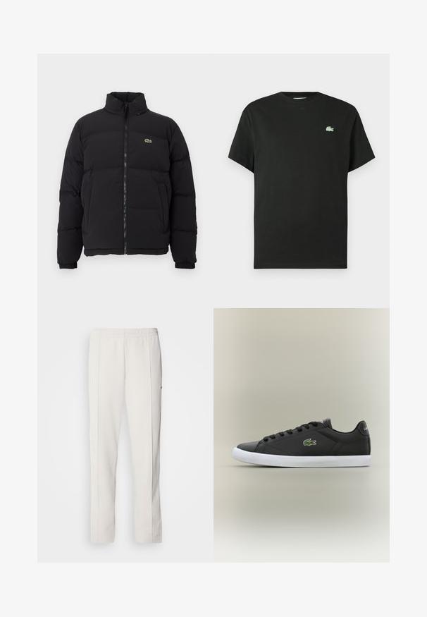 Crni zimski kaput s visokim ovratnikom, prednjim zatvaračem i malim zelenim logotipom. Sadrži kvadrate sa stupovima i elastične manžete.; Crna pamučna majica s okruglim izrezom, kratkim rukavima i zeleno izvezenim logotipom na lijevoj strani prsa. Glatka tekstura, opuštenog kroja.; Lacoste Donji dijelovi trenirke - hammam; Crne kožne tenisice s bijelim gumenim potplatom, s zelenim krokodilom kao logotipom i okruglim vezicama, elegantnog dizajna s glatkom teksturom.