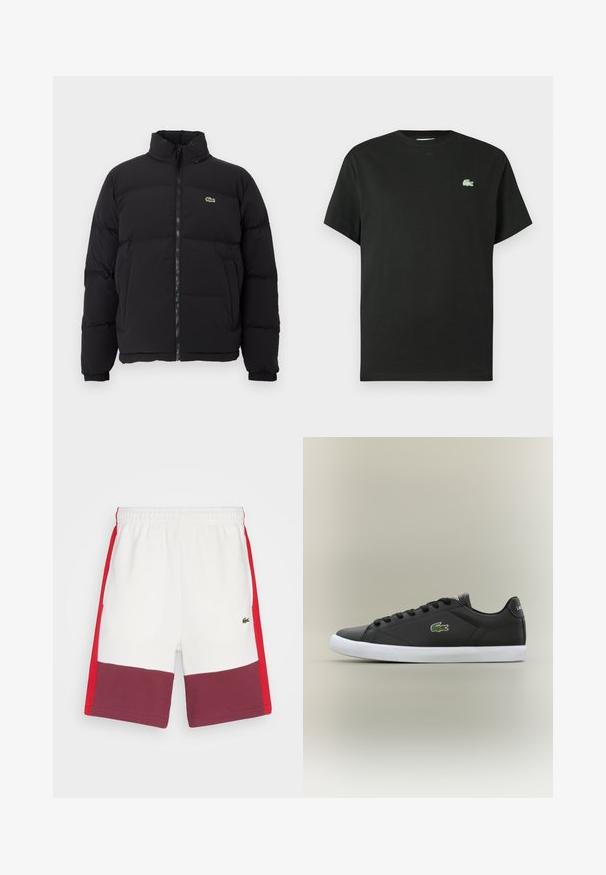 Mustapuffatakki korkealla kauluksella, edessä vetoketju ja pieni vihreä logo. Sisältää tikattuja osia ja joustavat hihansuut.; Musta puuvillainen t-paita, jossa on pyöreä pääntie, lyhyet hihat ja vasemmassa rinnassa vihreä kirjailtu logo. Sileä pinta, rento istuvuus.; Lacoste ELEVATED COLORBLOCK - Verryttelyhousut - flour/red-spleen; Mustat nahkakengät valkoisella kumipohjalla, jossa on vihreä krokotiililogo ja pyöreät nauhat, sulavalinjainen muotoilu sileällä pinnalla.