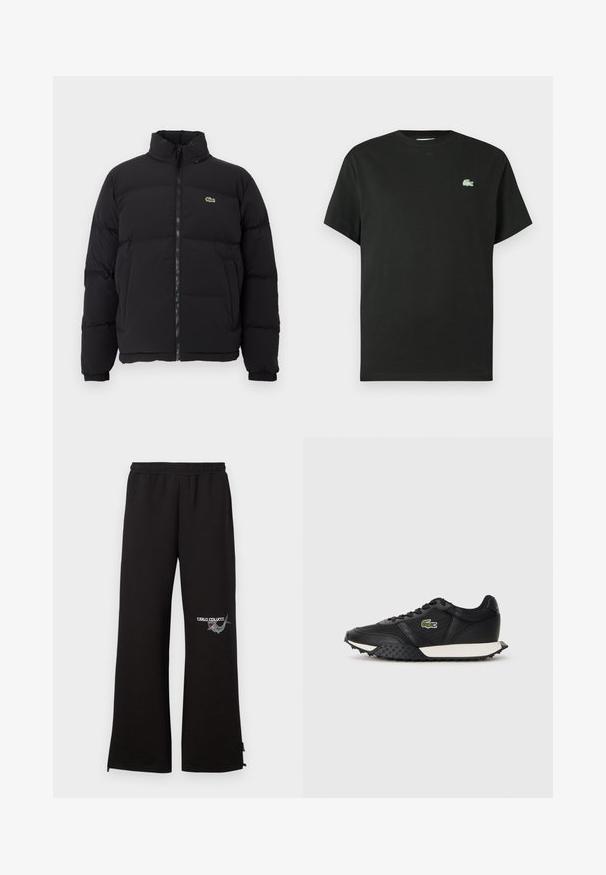 Black puffer jacket with a high collar, front zipper, and a small green logo. Features quilted sections and elasticized cuffs.; Black cotton t-shirt with a crew neck, short sleeves, and a green embroidered logo on the left chest. Smooth texture, relaxed fit.; Black sweatpants with an elastic waistband, featuring an embroidered logo and graphic detail on the left leg. Straight-leg cut with zippers at hems.; Black sneakers with a smooth leather finish, featuring a textured rubber sole, white midsole, and a green embroidered logo on the side.