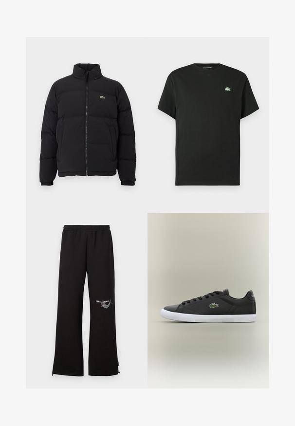 Jachetă pufă neagră cu guler înalt, fermoar frontal și un mic logo verde. Prezintă secțiuni quilted și mânși elasticizate.; Tricou negru din bumbac cu guler rotund, mâneci scurte și un logo verde brodat pe partea stângă a pieptului. Textură netedă, croială lejeră.; Pantaloni de trening negri cu talie elastică, având un logo brodat și detalii grafice pe piciorul stâng. Croială dreaptă cu fermoare la tivuri.; Tenisi negri din piele cu talpă din cauciuc alb, având un logo verde de crocodil și șireturi rotunde, design elegant cu textură fină.