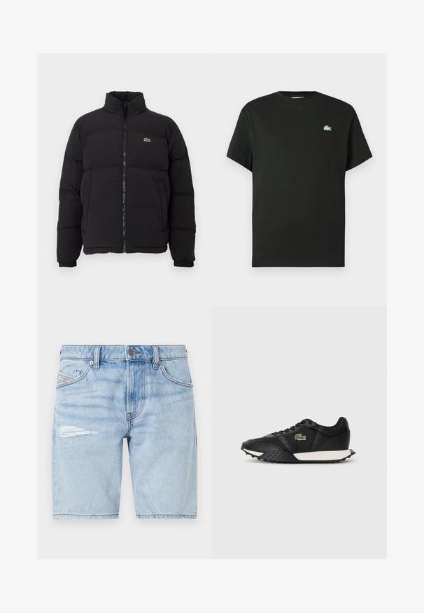 Must küll puffer-jope kõrge kraega, esine tõmblukk ning väike roheline logo. Omab tikitud osi ja elastseid mansette.; Mustast puuvillasest lühikeste varrukatega t-särk, ümara kaelusega ja vasakul rinnal rohelise tikandiga logoga. Sile tekstuur, lõõgastav lõige.; Heled sinised denim lühikesed püksid koos pleekinud pesuga, millel on rebend vasakul reiel ja klassikaline viie tasku disain. Metallne nööp sulgemiseks.; Mustad mustad spordijalatsid sileda nahkviimistlusega, tekstuurse kummitaldiga, valge vahevaibaga ja rohelise brodüüritud logoga küljele.