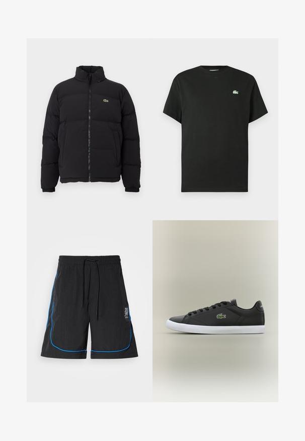 Must küll puffer-jope kõrge kraega, esine tõmblukk ning väike roheline logo. Omab tikitud osi ja elastseid mansette.; Mustast puuvillasest lühikeste varrukatega t-särk, ümara kaelusega ja vasakul rinnal rohelise tikandiga logoga. Sile tekstuur, lõõgastav lõige.; Mustad mustad, millel on paelaga vöökoht, sinise äärega õmbluste juures ja logo vasakul reitel. Kerge kangas.; Mustad mustad nahast tennisetossud valge kummist tallaga, millel on roheline krokodillilogo ja ümmargused paelad, stiilne disain sujuva tekstuuriga.