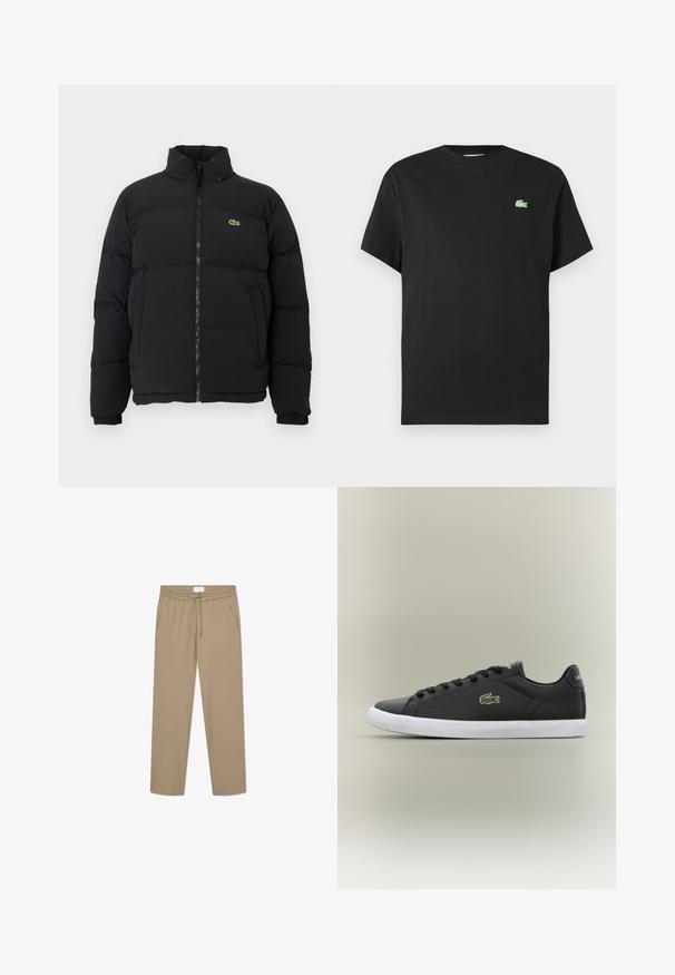 Fekete puffernadrág magas gallérral, elülső cipzárral és egy kicsi zöld logóval. Steppelt részekkel és rugalmas mandzsettákkal rendelkezik.; Fekete pamut póló kerek nyakkivágással, rövid ujjakkal, bal oldalon zöld hímzett logóval. Simaságú anyag, laza szabás.; Beige elasztikus nadrág, gumis derékkal és húzózsinórral, két oldalsó zsebbel és egyenes szabással. Sima textúra.; Fekete bőr sportcipők fehér gumitalppal, zöld krokodil logóval és kerek fűzőkkel, elegáns dizájn sima felülettel.