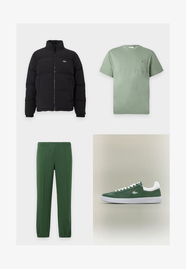 Juodas pūkinis švarkas su aukštu apykakle, priekiniais užtrauktuku ir maža žalia emblema. Yra siūtos dalys ir elastingi rankogaliai.; Šviesiai žalia trumpomis rankovėmis medvilninė marškinėliai su krūtinės kišene, kurią puošia mažas išsiuvinėtas krokodilo logotipas.; Žalios sportinės kelnės, pagamintos iš minkštos medžiagos; turi elastinę juostą juosmeniui, siaurėjančius kojų kirpimus ir mažą logotipą šone.; Žemas profilio žalias deineris su baltomis raištelėmis, baltu padu, paminkštintu kulkšnies apvadu ir siuvinėjamu krokodilo logotipu su tekstu "EST. 1933".