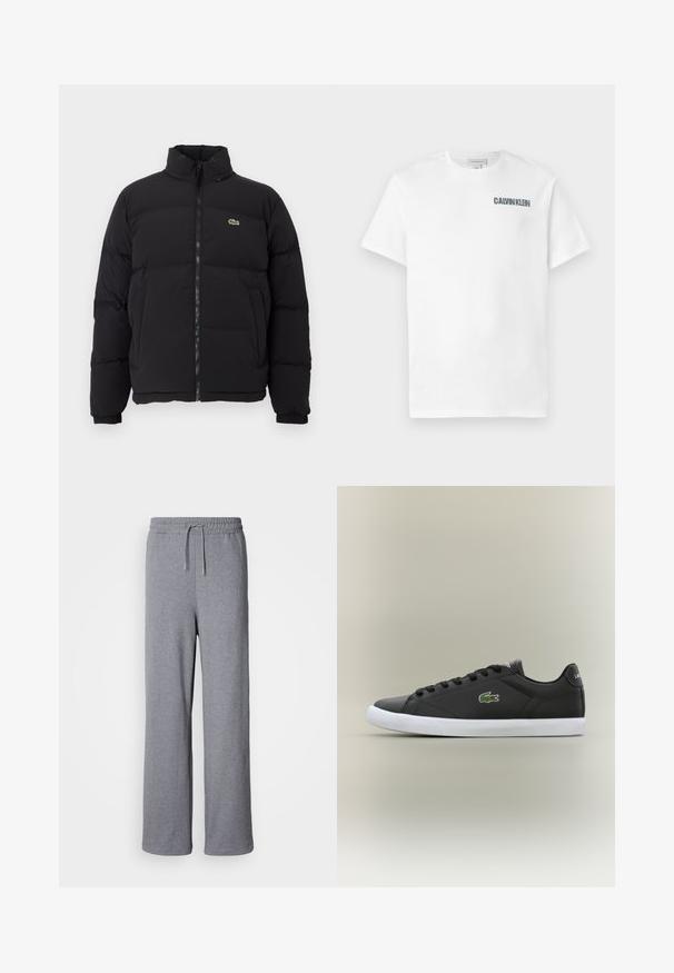 Black puffer jacket with a high collar, front zipper, and a small green logo. Features quilted sections and elasticized cuffs.; White cotton t-shirt with crew neck and short sleeves. Features "CALVIN KLEIN" logo in dark gray on the left chest area. Smooth texture.; Gray, wide-leg sweatpants made of soft material; features an elastic waistband with a drawstring and no pockets. Simple, unembellished design.; Black leather sneakers with white rubber sole, featuring a green crocodile logo and round laces, sleek design with smooth texture.