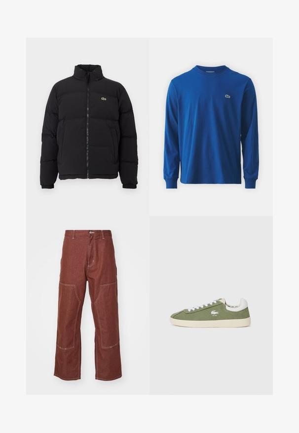 Fekete puffernadrág magas gallérral, elülső cipzárral és egy kicsi zöld logóval. Steppelt részekkel és rugalmas mandzsettákkal rendelkezik.; Hosszú ujjú kék pamut póló, kerek nyakkal, bal mellen egy kis zöld hímzett krokodil logóval.; Carhartt WIP MIDLAND DOUBLE KNEE PANT - Laza szabású farmerek - offroad rinsed; Zöld vászon sneakers fehér fűzővel és fehér sarokkal. A Lacoste logó fehér színben található. Klasszikus alacsony sziluett és gumitalp.
