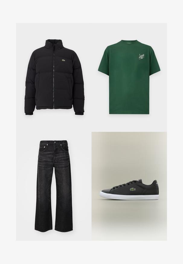 Melnā pūkainā jaka ar augstu apkakli, priekšējo rāvējslēdzēju un mazu zaļu logotipu. Iezīmējas ar kviltētām sekcijām un elastīgām aprocēm.; Zaļš kokvilnas T-krekls ar apaļu kakla izgriezumu, īsām piedurknēm un baltu "Lacoste Paris" tekstu logotipu kreisajā krūšu daļā.; Platas kājas melni džinsi ar gludu tekstūru, klasisku piecu kabatu dizainu un sudraba aparatūru. Audumam ir smalks blekdžems.; Melnas ādas sporta apavas ar baltu gumijas zoli, rotāts ar zaļu krokodila logotipu un apaļām šņorēm, elegants dizains ar gludu tekstūru.