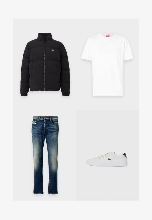 Casaco puffer preto com gola alta, fecho na frente e um pequeno logótipo verde. Apresenta secções acolchoadas e punhos elásticos.; T-shirt branca de manga curta com gola redonda, com logótipo oval em relevo no peito e etiqueta da marca Diesel vermelha no interior do colarinho.; Jeans de ganga azul-escuro com um acabamento desbotado, corte reto, costura em contraste, cinco bolsos e fecho de botão na cintura.; Sapatilha de couro branco com biqueira arredondada, atacadores na frente e detalhe preto no calcanhar. Apresenta um pequeno logótipo de crocodilo bordado na lateral.