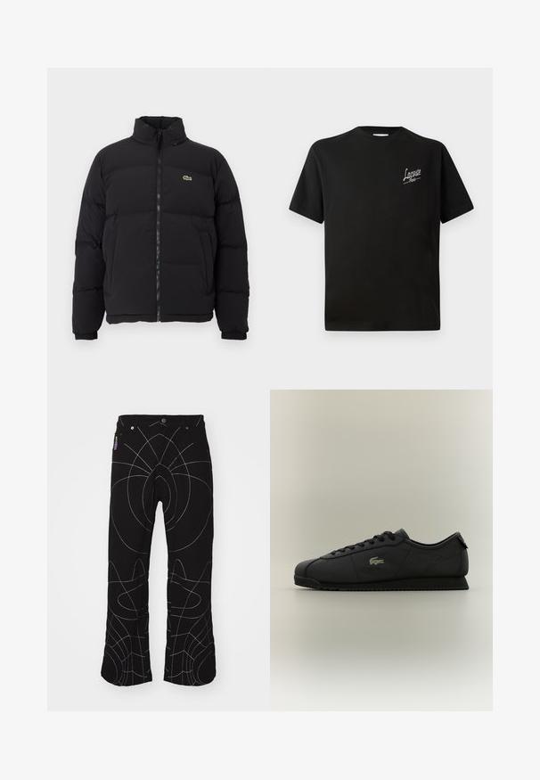 Giacca piumino nera con colletto alto, zip frontale e un piccolo logo verde. Presenta sezioni trapuntate e polsini elasticizzati.; T-shirt nera in cotone con maniche corte, caratterizzata da un logo bianco stampato "Lacoste" sul lato sinistro del petto. Design a girocollo.; Pantaloni neri con cuciture astratte bianche. Presentano tasche standard, chiusura con bottone e un design a gamba dritta. Tessuto testurizzato.; Sneaker neri a basso profilo con lacci sul davanti, suola testurizzata e logo in oro a forma di coccodrillo sul lato.