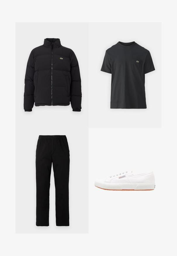 Czarna kurtka puchowa z wysokim kołnierzem, przednim zamkiem błyskawicznym i małym zielonym logo. Posiada pikowane sekcje oraz elastyczne mankiety.; Czarna bawełniana koszulka z krótkim rękawem, okrągłym dekoltem i małym zielonym logo na lewej kieszeni piersiowej. Prosty design, regularny krój.; Czarne spodnie wykonane z mieszanki bawełny, z prostym krojem, elastycznym paskiem w talii z guzikiem oraz bez widocznych wzorów czy akcentów.; Białe płócienne sneakersy z gumową podeszwą, z sznurowanym designem i małą metką z logo po boku. Teksturowana biała cholewka i brązowa podeszwa.