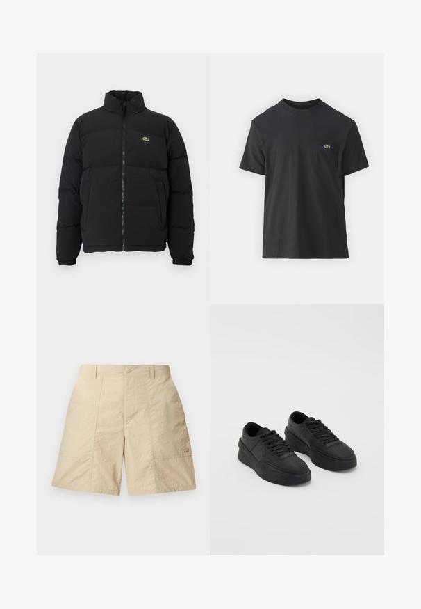 Svart pufferjacka med hög krage, framdragkedja och en liten grön logotyp. Har quiltade sektioner och elastiska ärmslut.; Svart bomullströja med korta ärmar, rund halsringning och en liten grön logotyp på vänster bröstficka. Enkelt mönster, vanlig passform.; Beiga shorts med strukturerad yta, med framknäppning, två sidofickor och en liten logotyp på nedre högra sidan.; Svarta sneakers i slät läder med dämpad sula. Funktioner inkluderar platta snören, perforeringar på tån och en strömlinjeformad silhuett.
