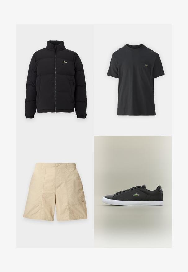 Black puffer jacket with a high collar, front zipper, and a small green logo. Features quilted sections and elasticized cuffs.; Black cotton t-shirt with short sleeves, round neckline, and a small green logo on the left chest pocket. Simple design, regular fit.; Beige shorts with a textured finish, featuring a front button closure, two side pockets, and a small logo on the lower right side.; Black leather sneakers with white rubber sole, featuring a green crocodile logo and round laces, sleek design with smooth texture.