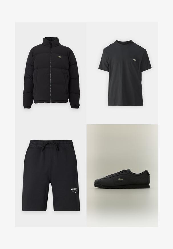 Czarna kurtka puchowa z wysokim kołnierzem, przednim zamkiem błyskawicznym i małym zielonym logo. Posiada pikowane sekcje oraz elastyczne mankiety.; Czarna bawełniana koszulka z krótkim rękawem, okrągłym dekoltem i małym zielonym logo na lewej kieszeni piersiowej. Prosty design, regularny krój.; Czarne szorty bawełniane z elastycznym pasem, sznurkiem ściągającym i białymi detalami logo. Gładka tekstura i długość do kolan.; Czarne niskie trampki z długim sznurowaniem, teksturowaną podeszwą i złotym logo krokodyla po boku.